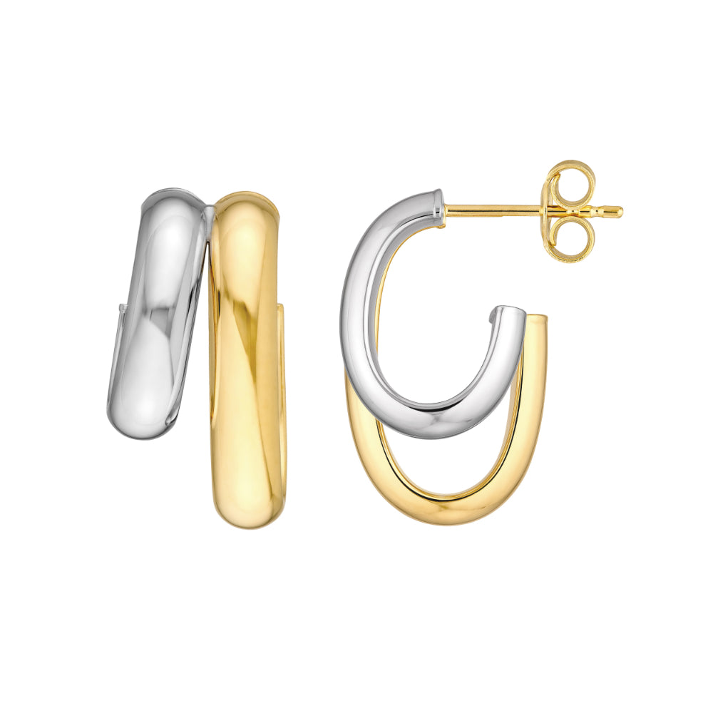 silver and gold tone hoop earrings on white background