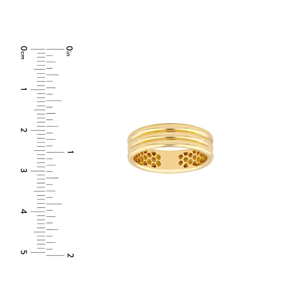 triple row gold tone band on white background next to scale