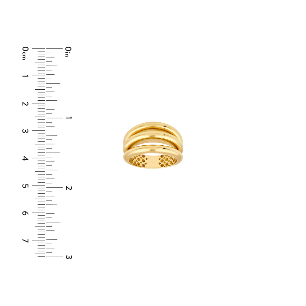 gold tone triple row cuff ring on white background next to scale