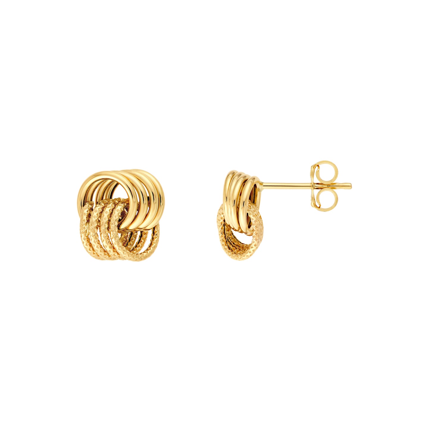 gold love knot stud earrings on white background