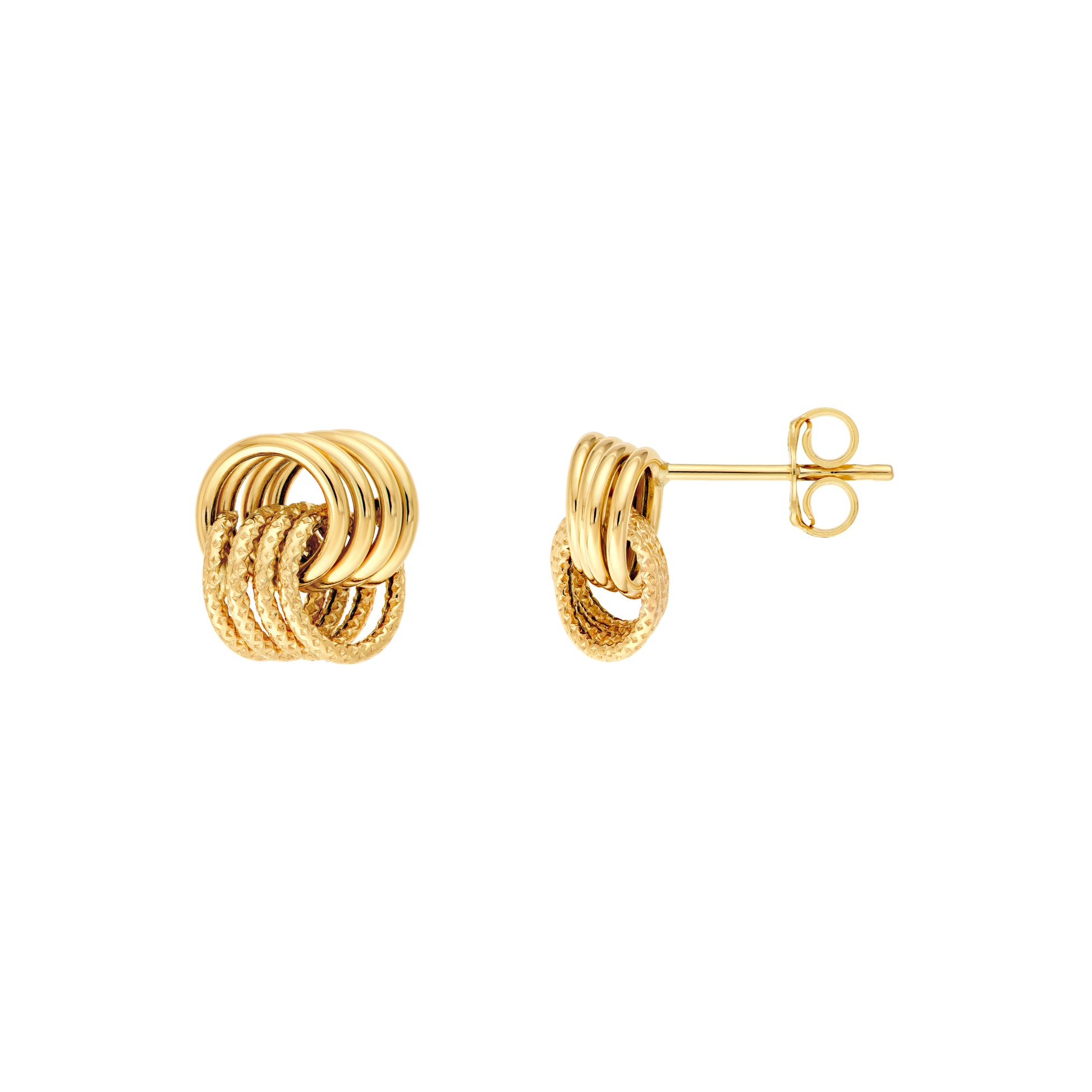 gold love knot stud earrings on white background