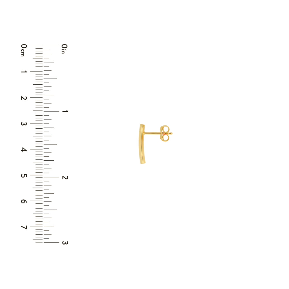 gold tone bar drop stud earrings on white background next to scale