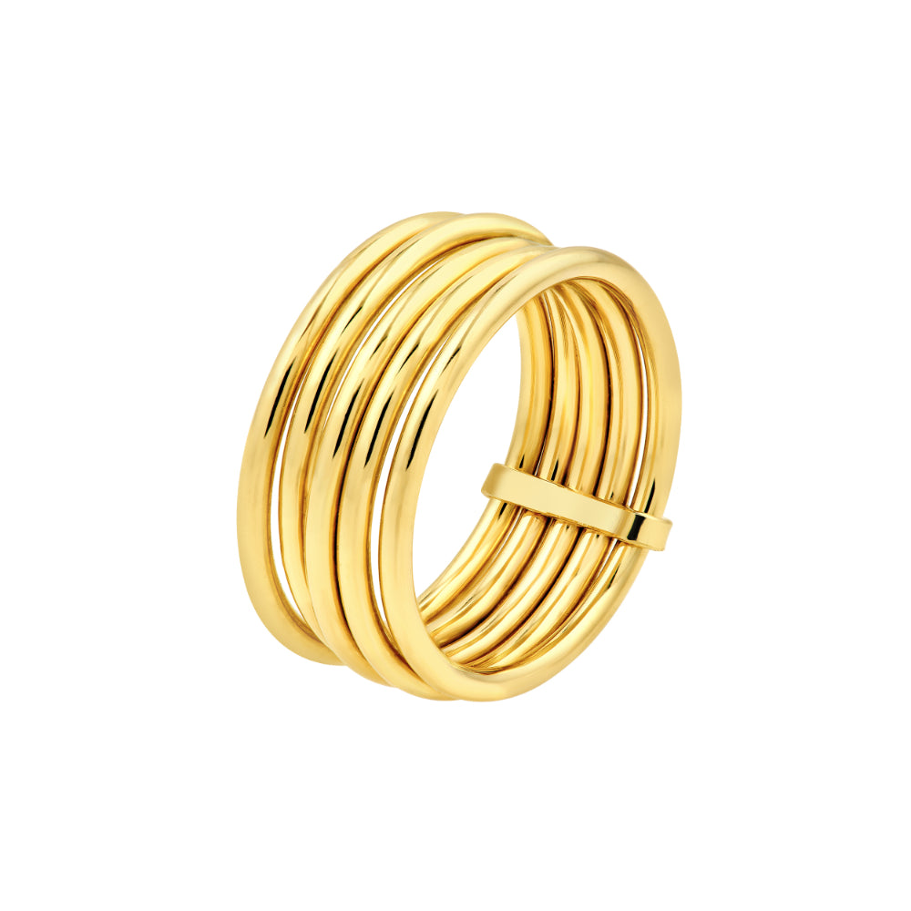 gold tone multilayer ring on white background on angle