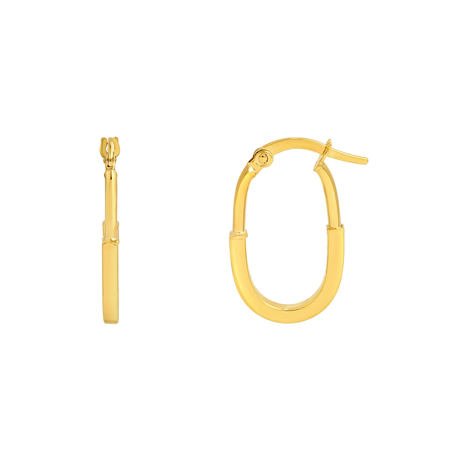 gold tone oval hoop earrings on white background