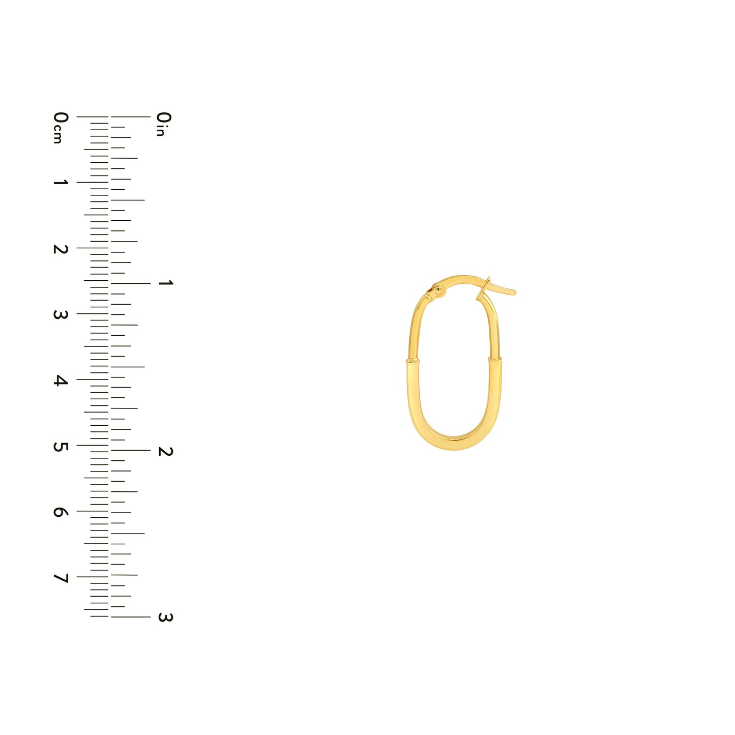 gold oval shape hoop earrings on white background next to scale