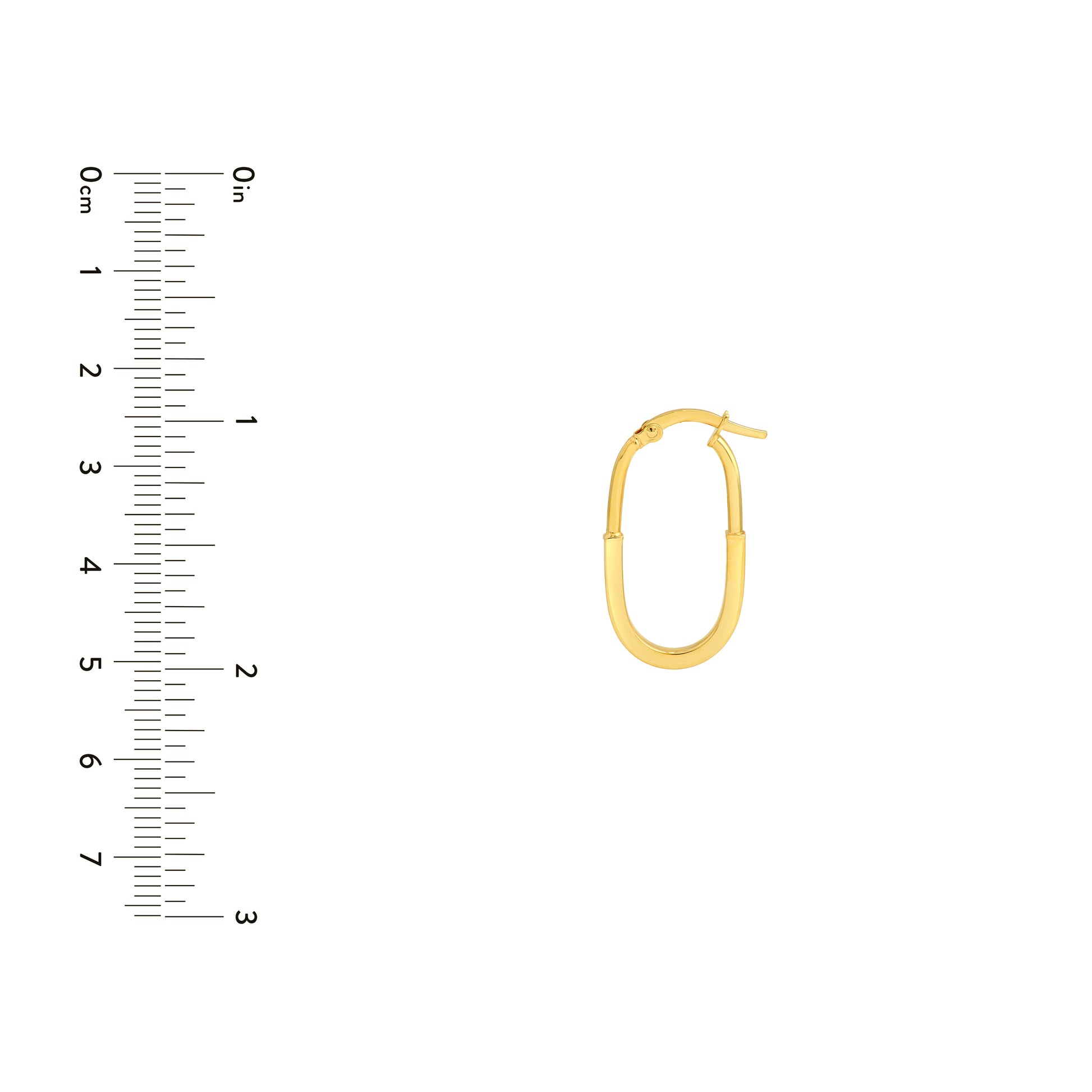gold oval shape hoop earrings on white background next to scale