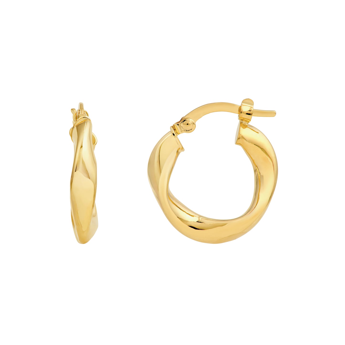 wavy gold tone hoop earrings on white background