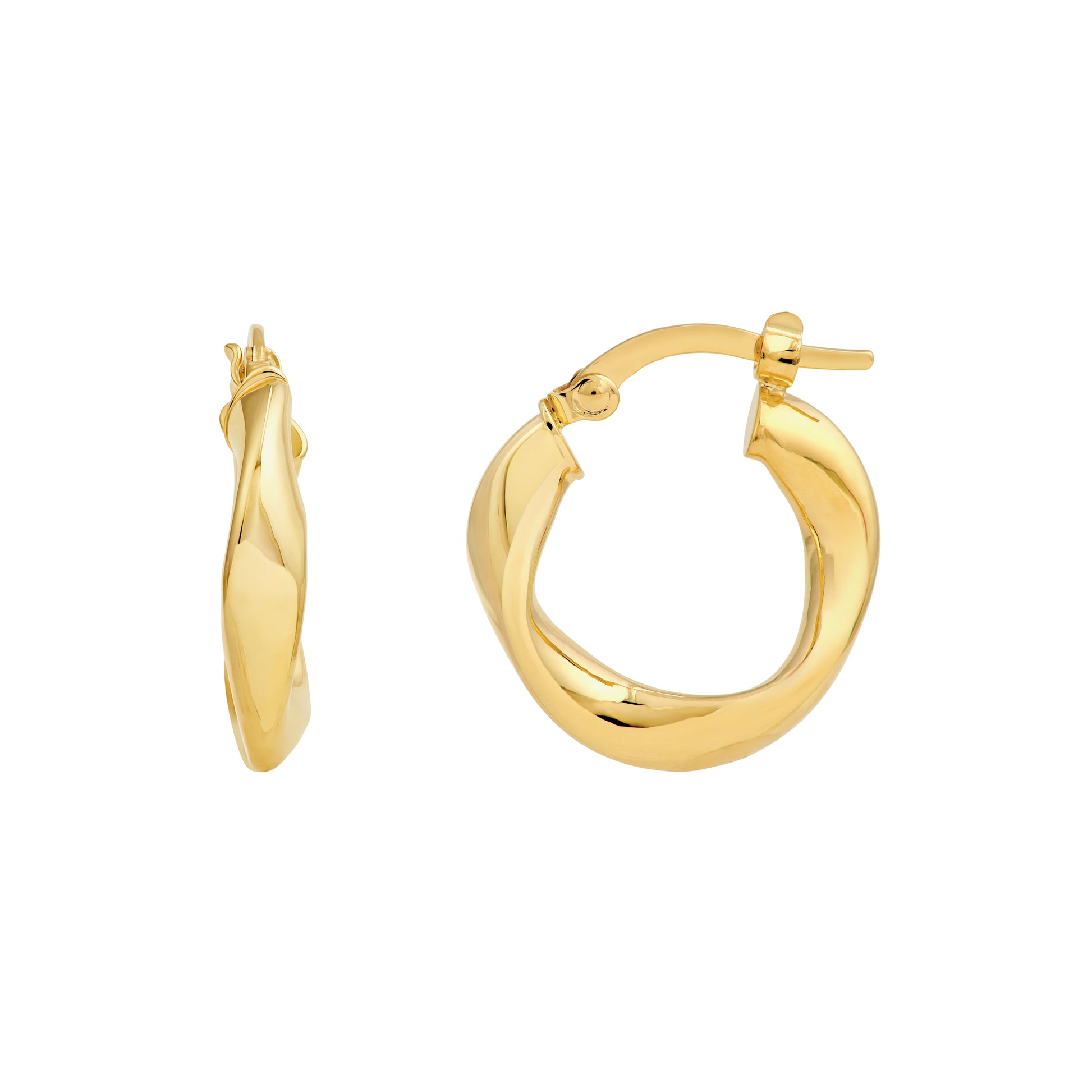 wavy gold tone hoop earrings on white background