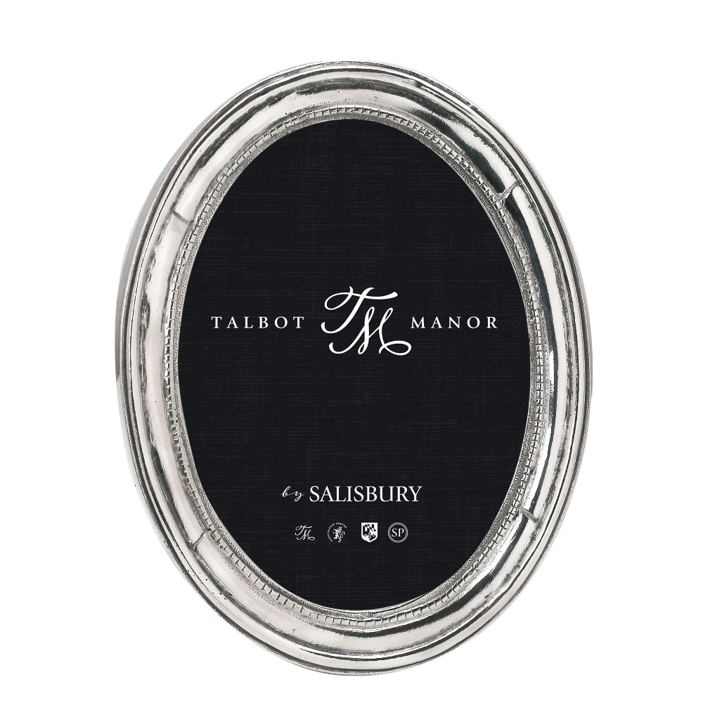 Silver oval picture frame with black center displaying 'Talbot Manor by Salisbury' branding.