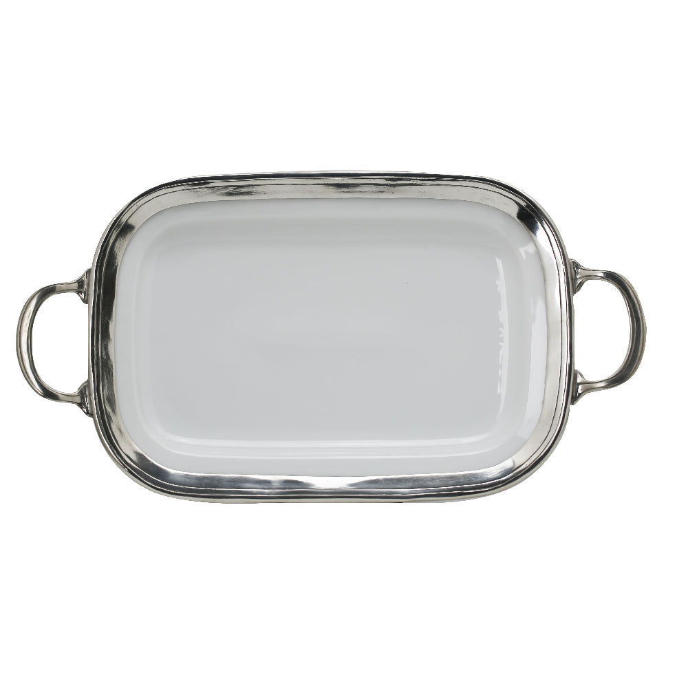 Silver rectangular tray with handles and white porcelain interior on a white background.