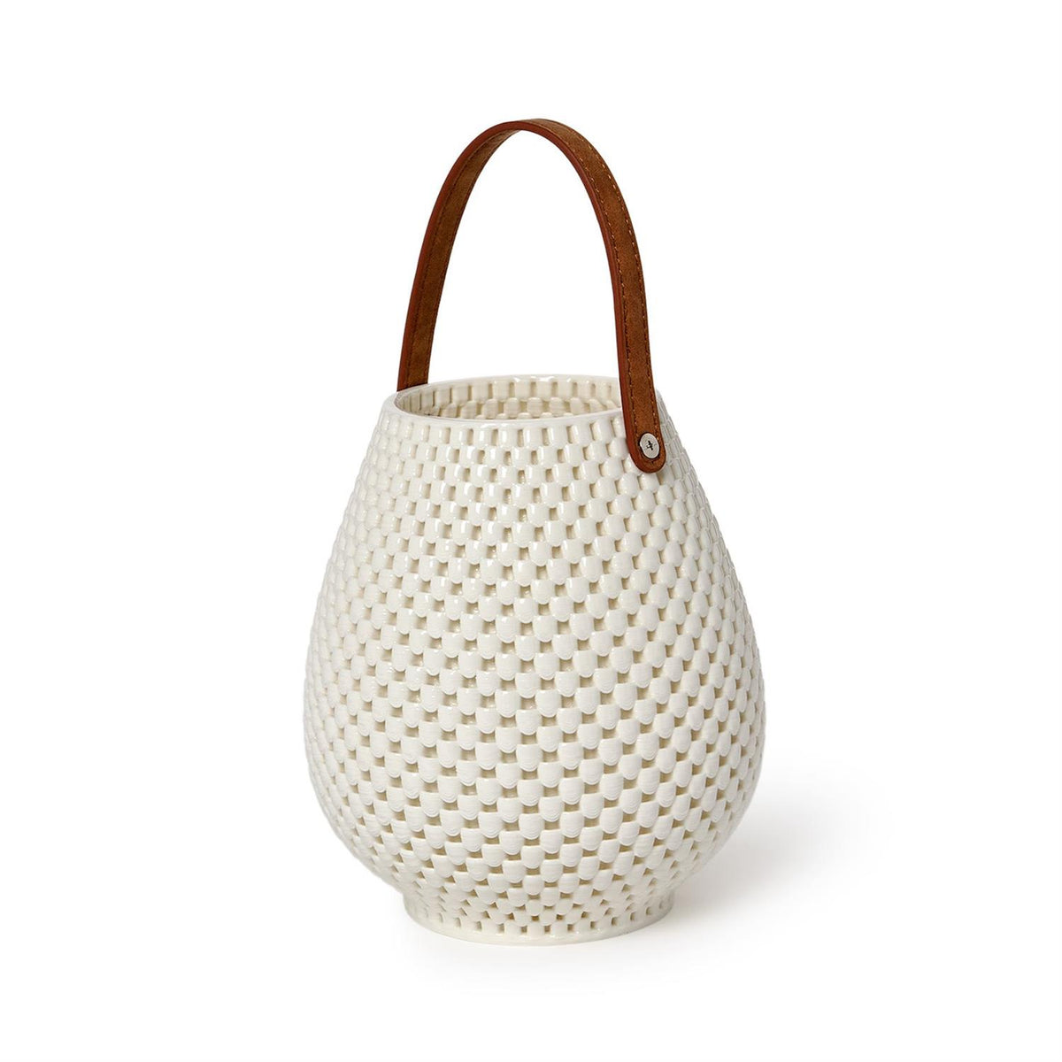 A cream-colored porcelain lantern with a brown leather handle and a small silver metal rivet, shown on a plain white background.