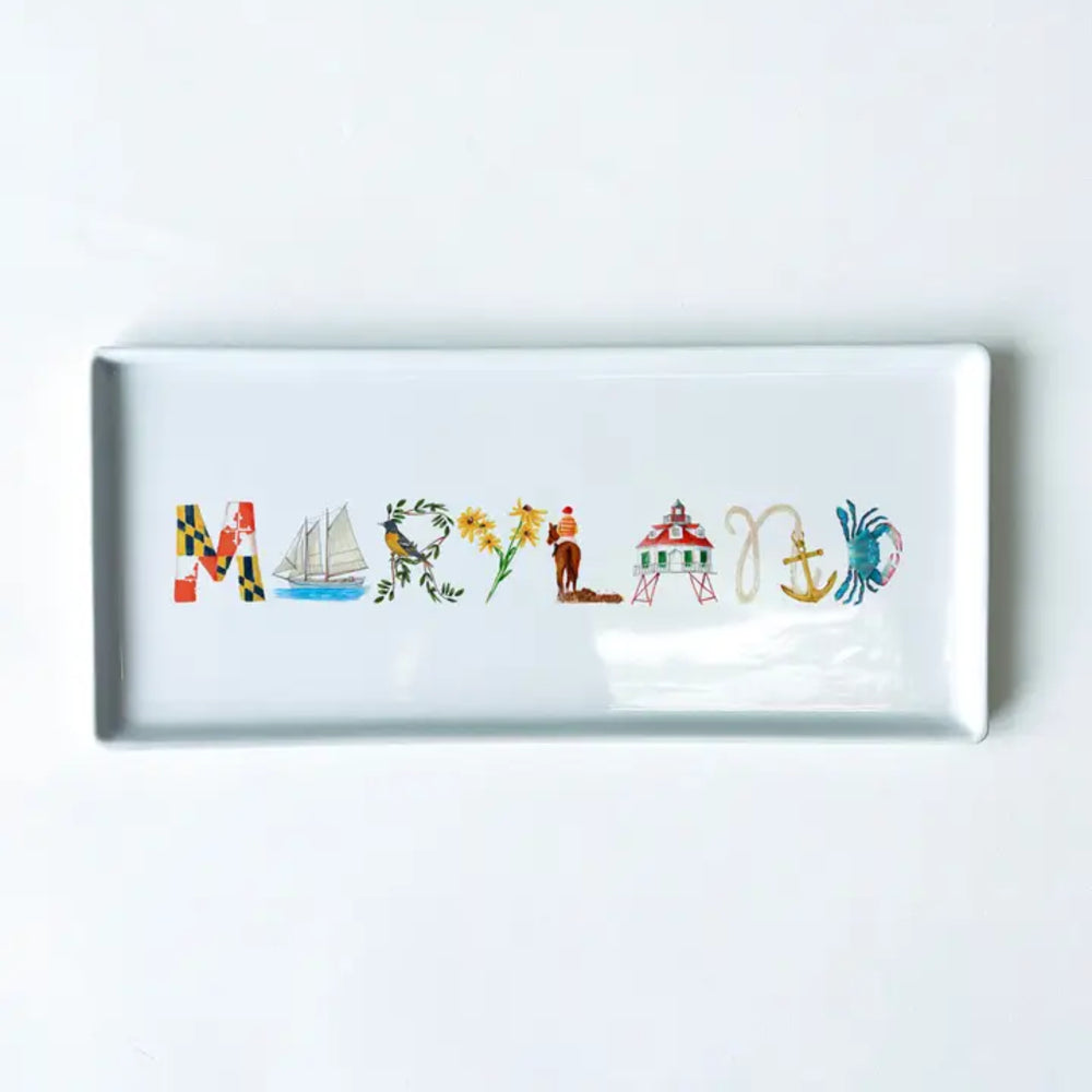 A white rectangular ceramic serving platter featuring the word 'MARYLAND' spelled out in colorful, nautical-themed lettering, shown against a plain white background.