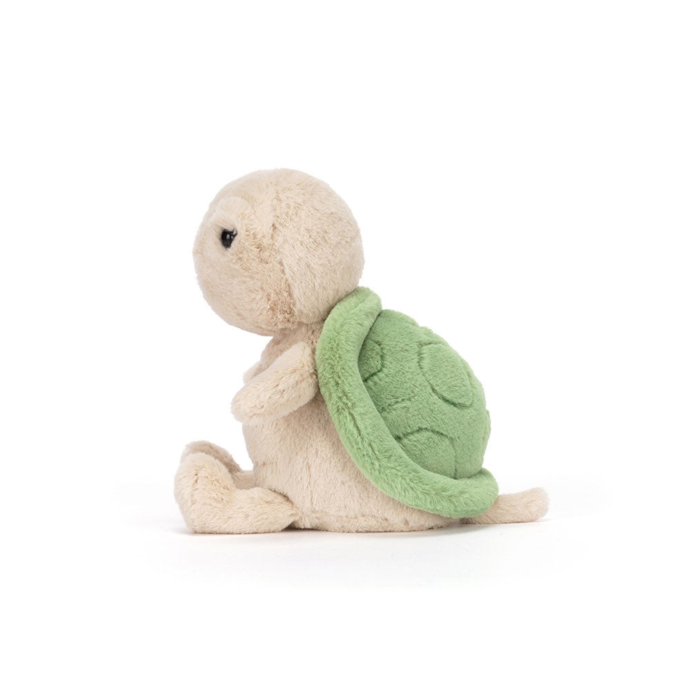 A photo of the side of a beige plush turtle toy with a smiling face and a green shell on a white background.