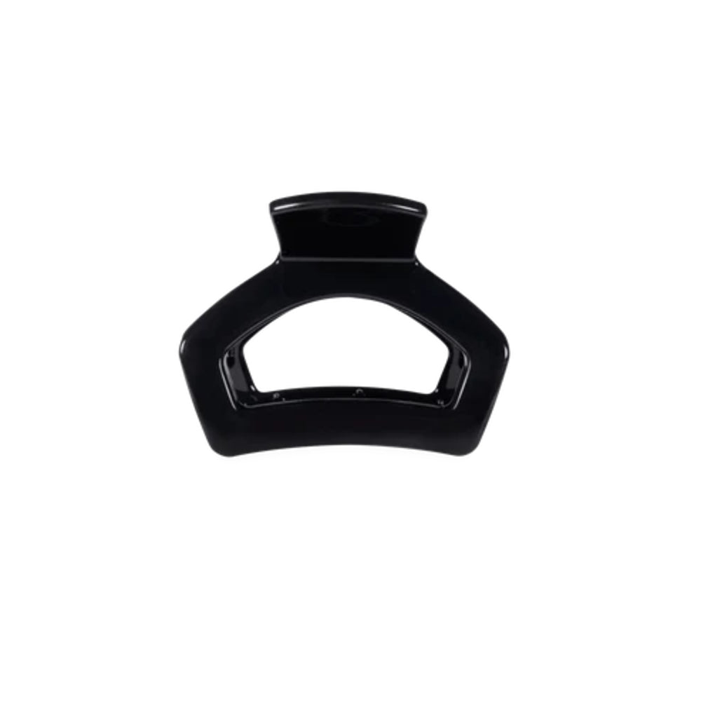 A glossy black hair claw clip shown against a plain white background.