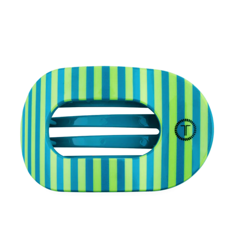 Blue and green striped hair clip with a brand logo on a white background