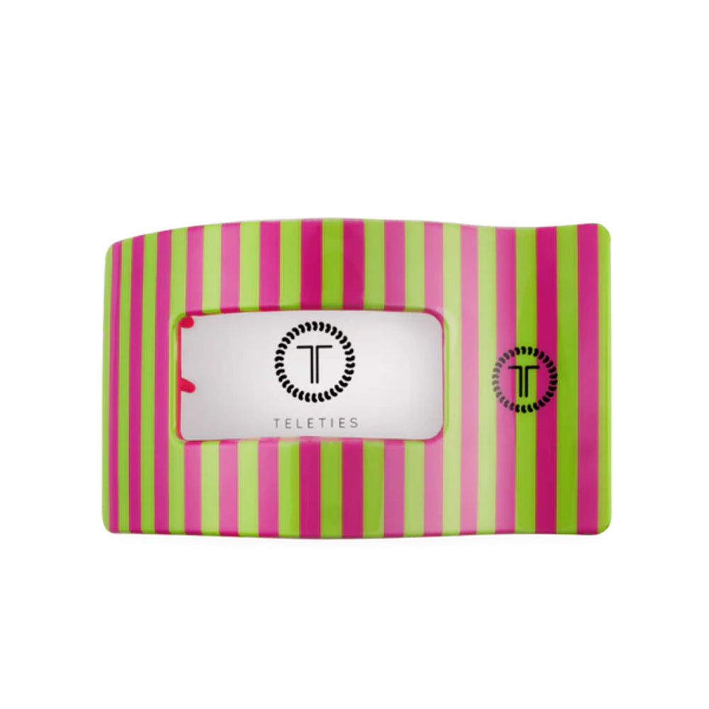 Striped hair clip with Teleties logo on a white background
