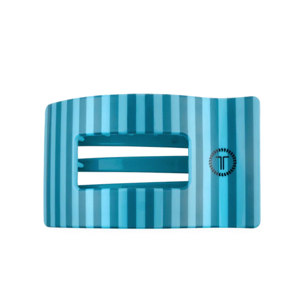 Blue striped hair clip with a central cutout on a white background
