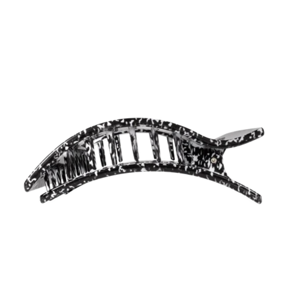 A black and white marbled hair claw clip on a solid white background.
