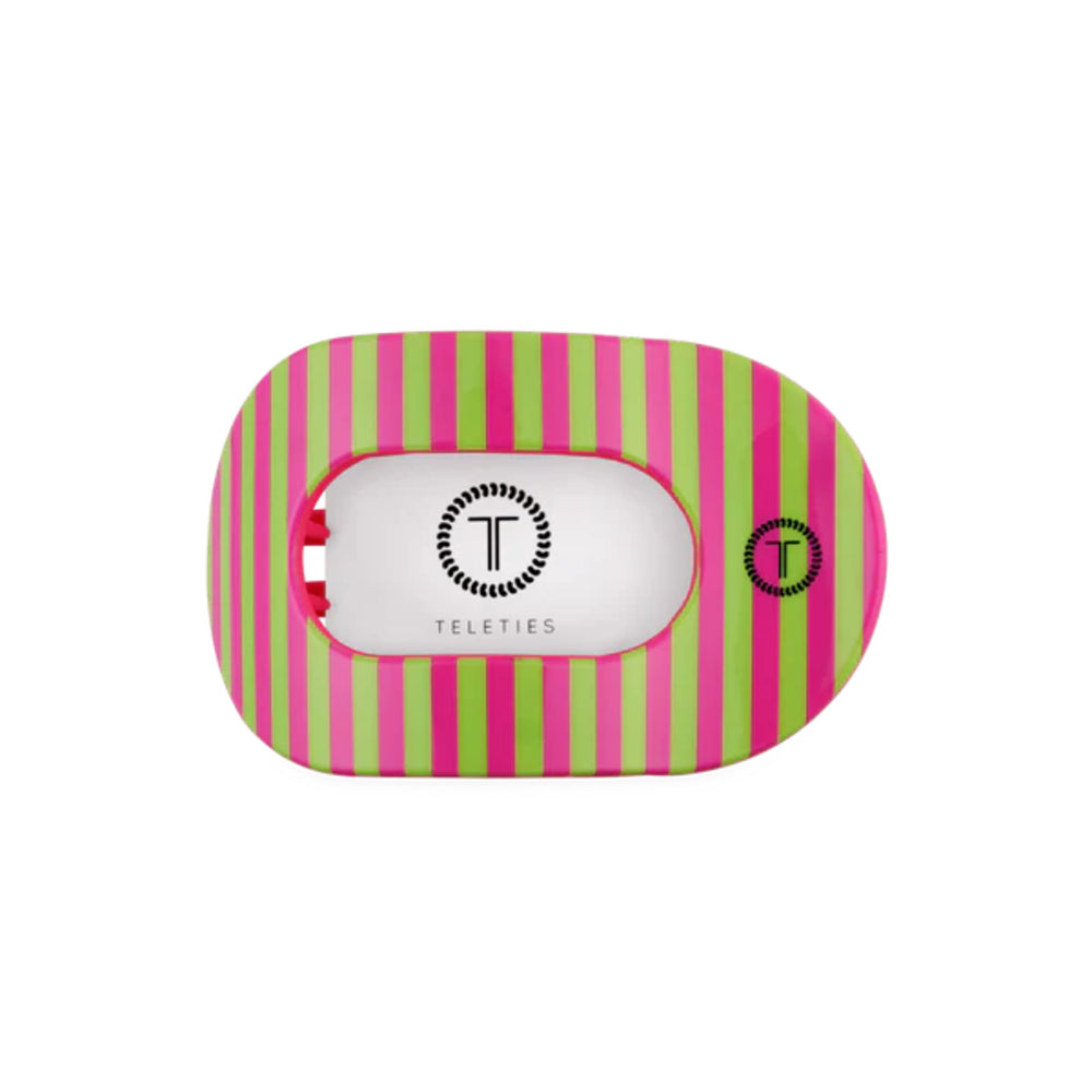 Striped pink and green hair clip with Teleties logo on a white background