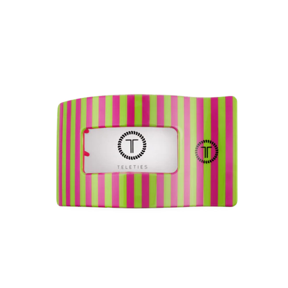 Striped hair clip with Teleties logo on a white background