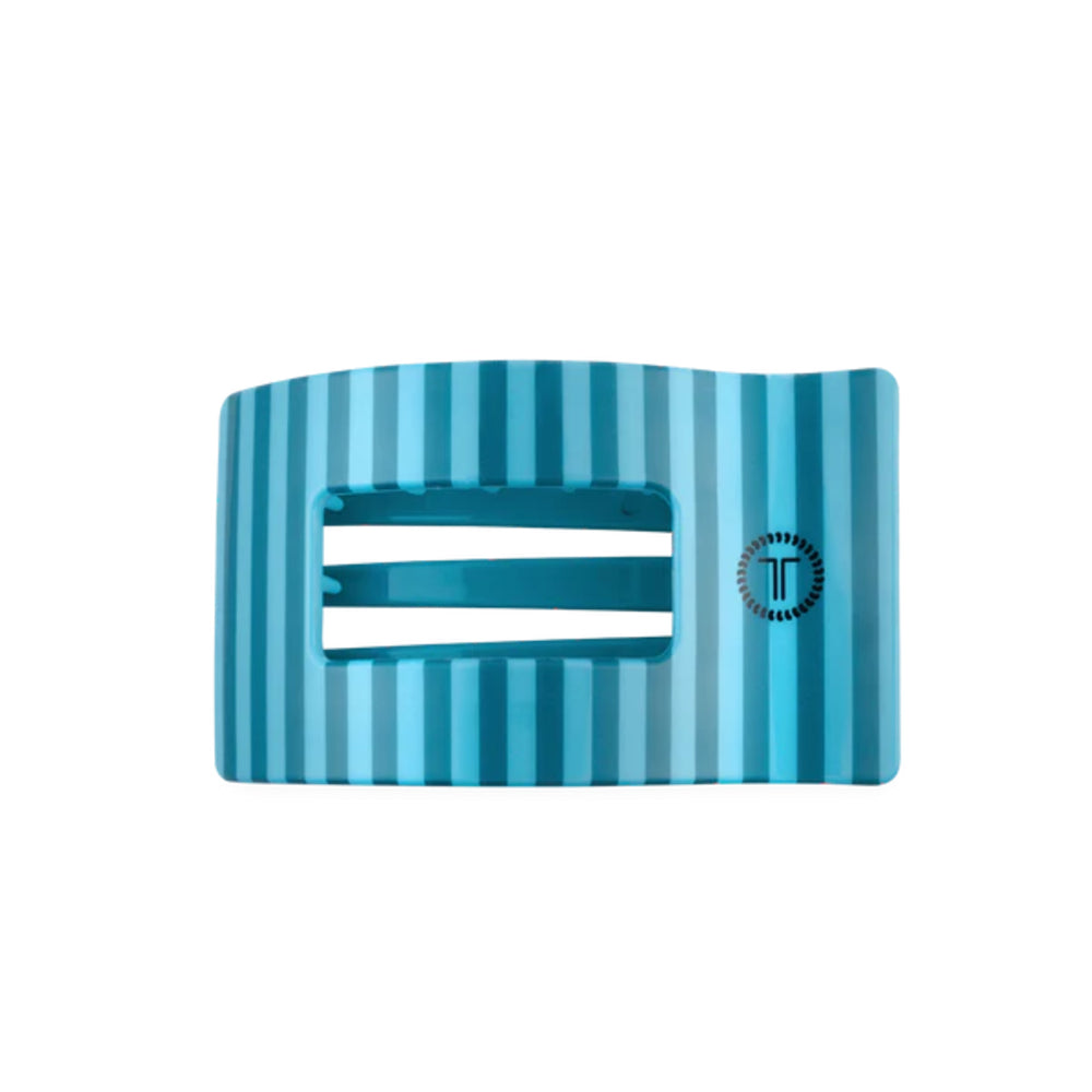 Blue striped hair clip with a brand logo on a white background