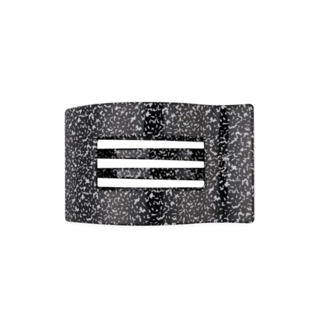 A black and white speckled rectangular buckle with three horizontal white bars in the center, isolated on a white background.