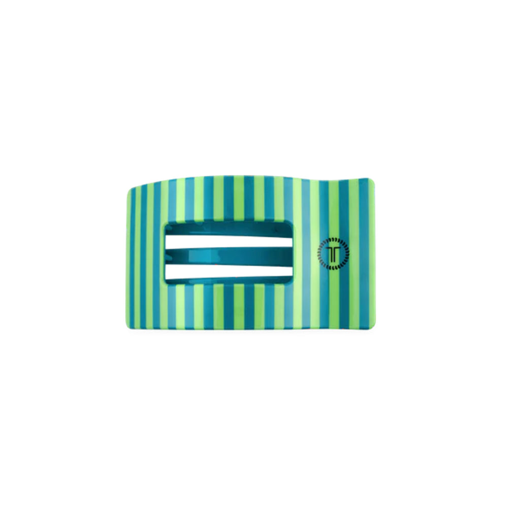 Striped hair clip with a logo on a white background