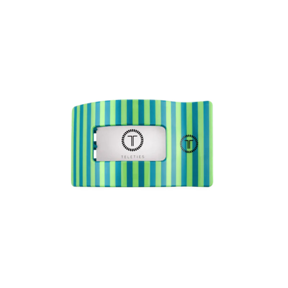 Striped hair clip with a brand logo on a white background