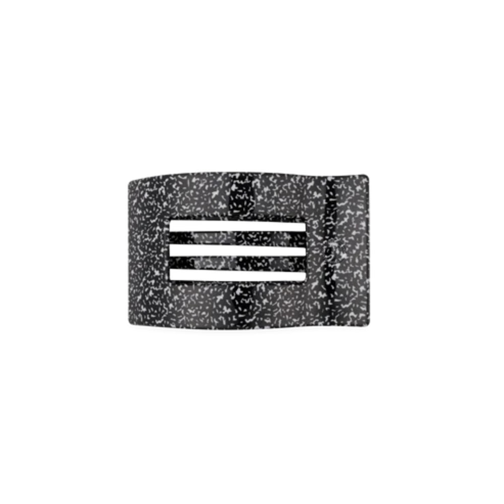 A black and white speckled rectangular buckle with three horizontal white bars in the center, isolated on a white background.