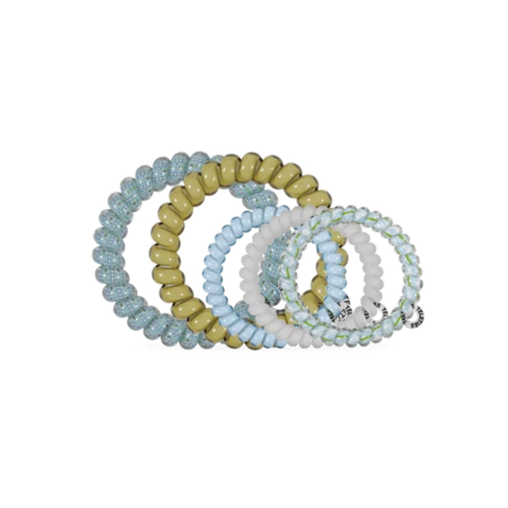 A set of five spiral stretch hair ties in pastel colors, including light blue glitter, olive green, light blue, white, and white with green glitter, arranged on a plain white background.