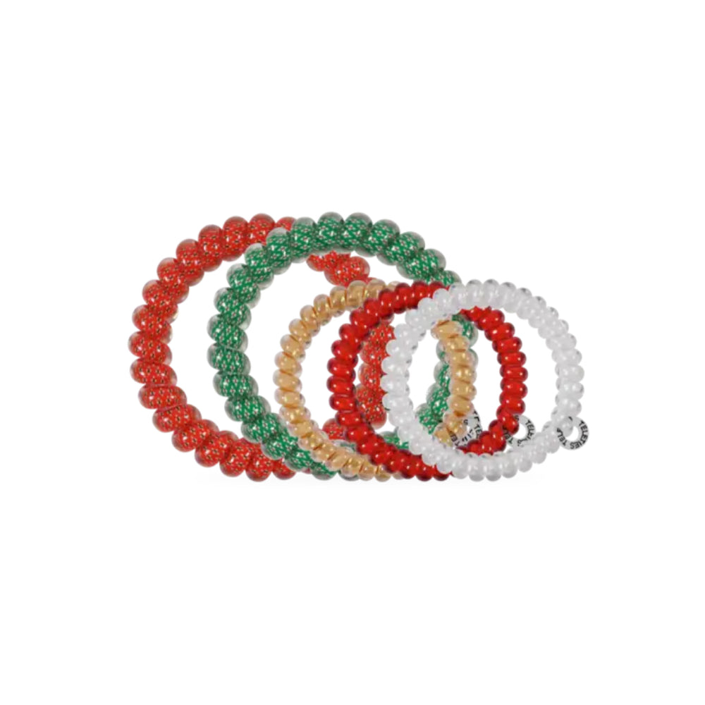 Five beaded stretch hair ties arranged in a fan shape on a plain white background. The bracelets are translucent red, green, beige, red, and white, each made of small round beads and finished with a silver metal clasp.