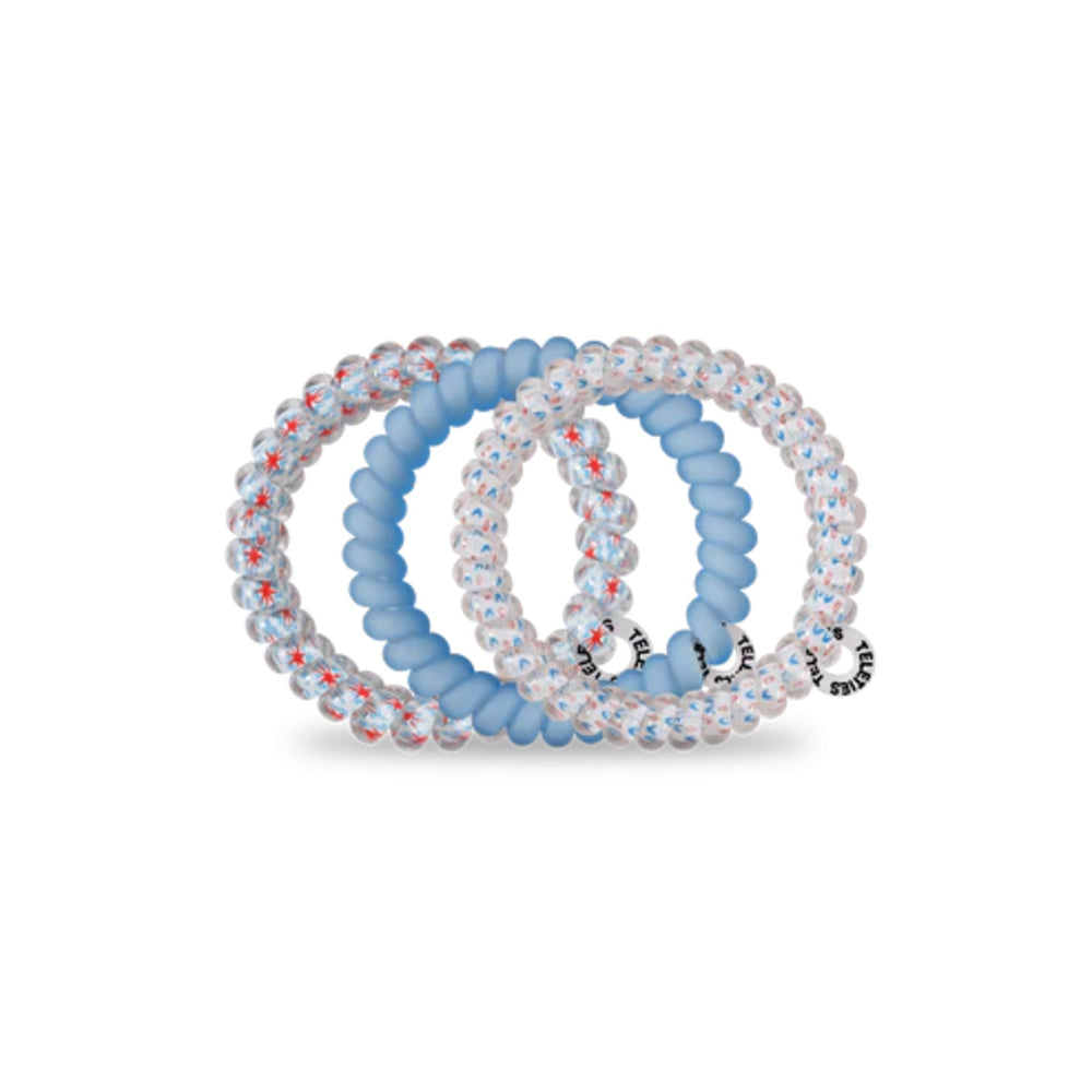 Set of three hairties with blue, white, and red on a white background