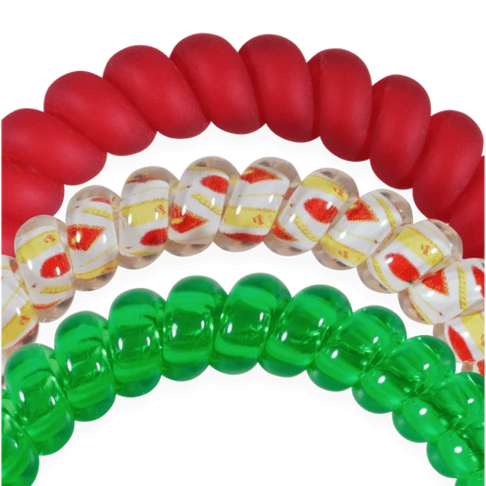 Three beaded stretch bracelets stacked together on a white background: a red matte bead bracelet on top, a clear bead bracelet with red and yellow striped patterns in the middle, and a bright green translucent bead bracelet on the bottom.