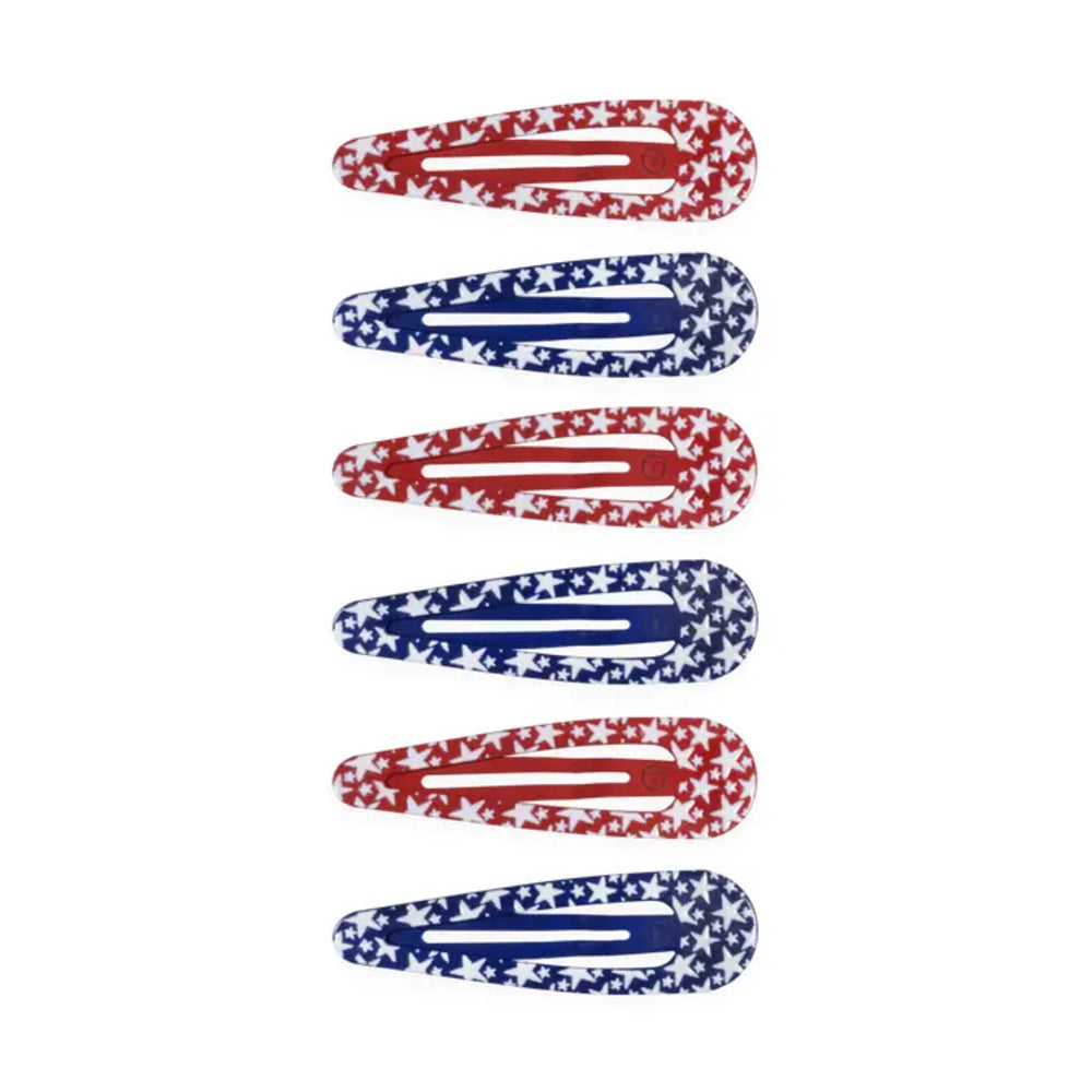 Set of six star-patterned hair clips in red, white, and blue on a white background