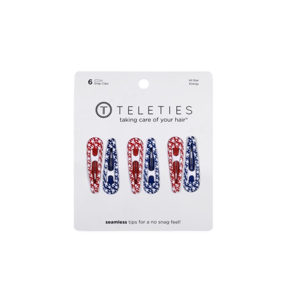 Packaging of Teleties hair clips with colorful designs on a white background