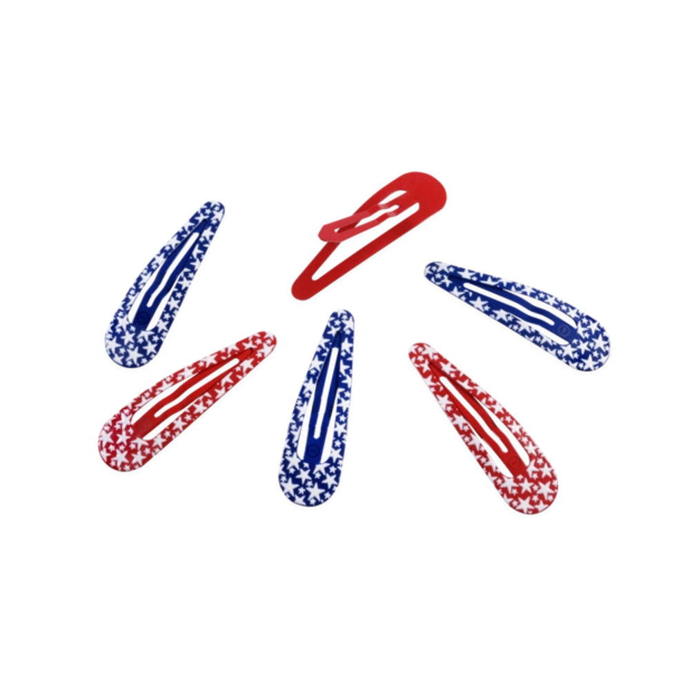 Set of red and blue hair clips on a white background
