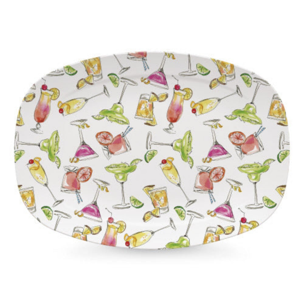Platter with colorful cocktail pattern on a white background.