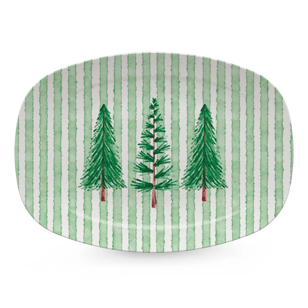 An oval ceramic plate with a green and white vertical stripe pattern and three watercolor-style green pine trees in the center, shown on a white background.