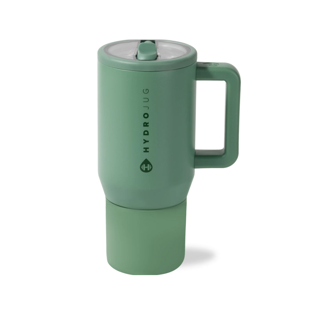 A mint green HydroJug travel mug with a matching handle and base, featuring a clear lid with a green straw, shown on a white background.