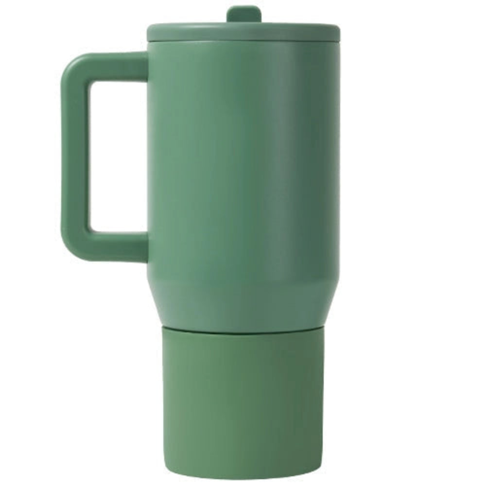 Green travel mug with handle on a white background.