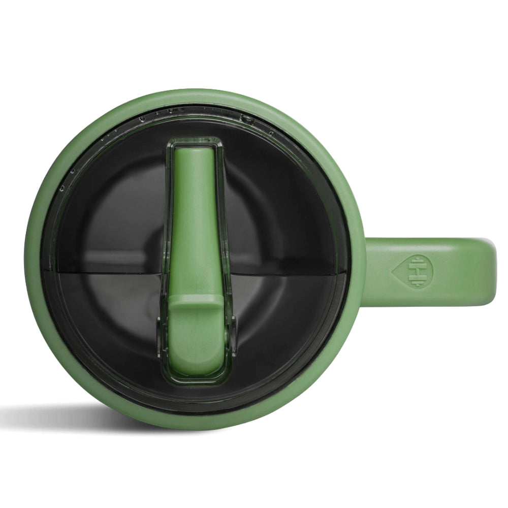 Green mug with a clear lid on a white background.
