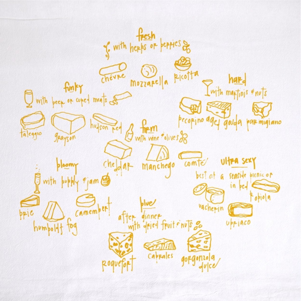 Illustrations of various types of cheese with labels in yellow on a white background