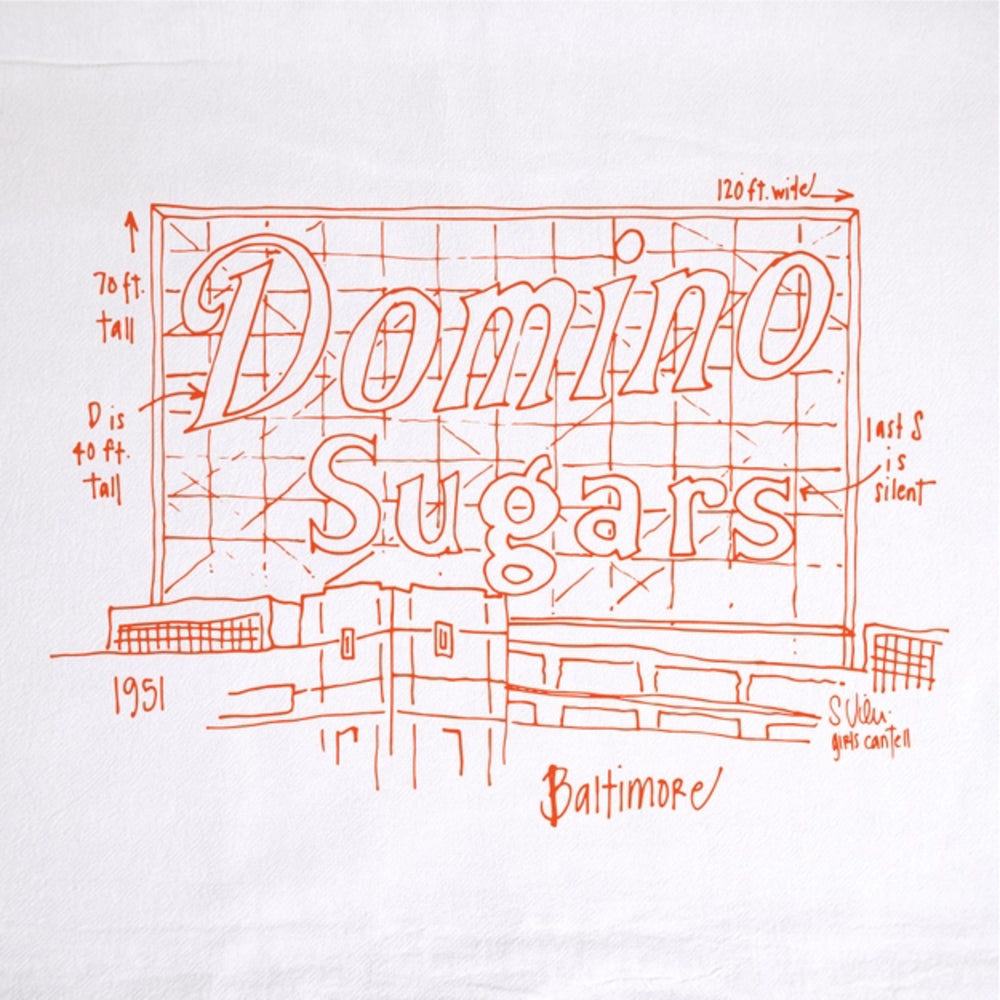 Red line drawing of Domino Sugars sign with architectural details on a white background