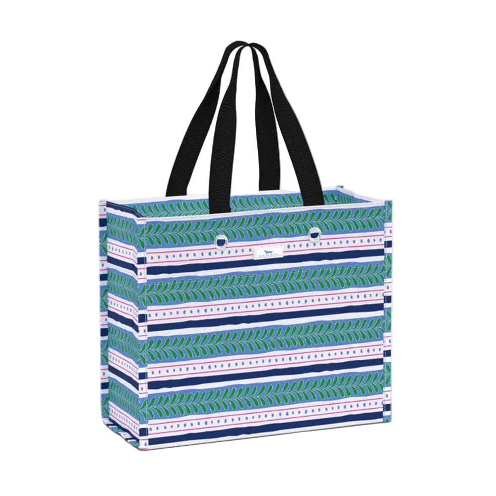 A rectangular tote bag with a horizontal striped pattern of green leaf motifs, navy blue stripes, and white dotted lines, featuring black shoulder straps, shown on a light gray background.