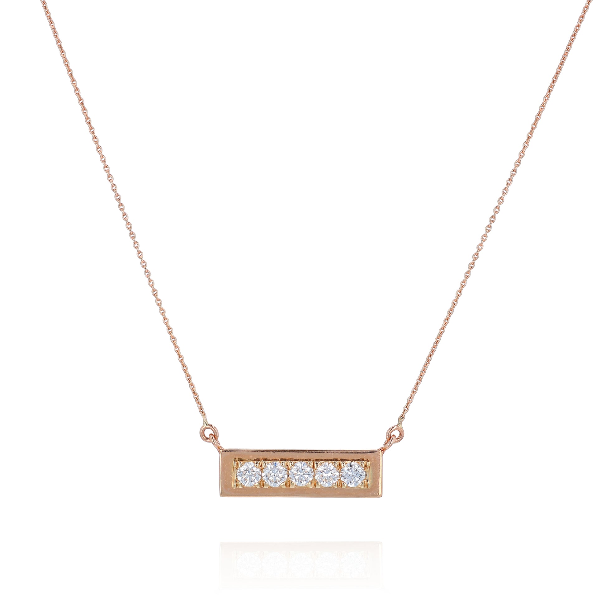 Rose gold horizontal single row diamond bar pendant necklace on a white background