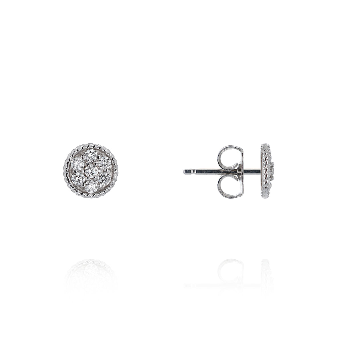 A pair of round white gold stud earrings, one shown from the front and the other from the side/back, featuring a pavé-set diamond design on a white background with a soft reflection.