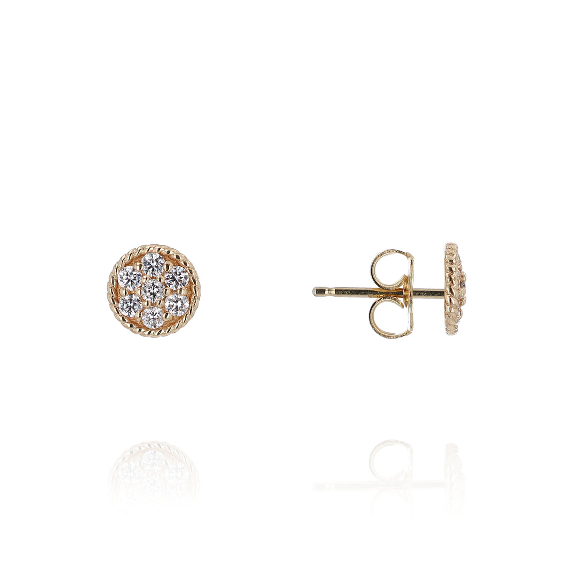 A pair of gold stud earrings on a white background, with one earring shown from the front displaying a cluster of small diamonds, and the other shown from the side/back displaying the post and butterfly clasp.