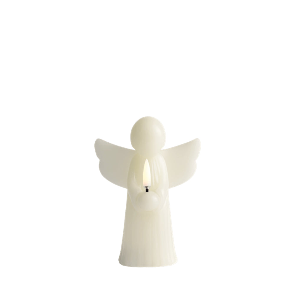 A small white angel figurine with wings and a glowing candle-like light inside, centered on a plain white background.