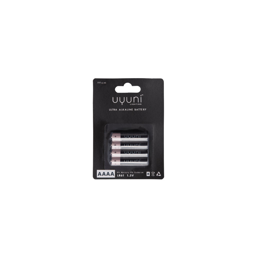 A 4-pack of Uyuni AAAA alkaline batteries in a black plastic blister pack with a black backing card, shown against a plain white background.