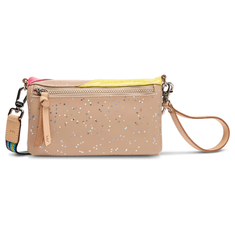 Beige glittery crossbody bag with a strap on a white background